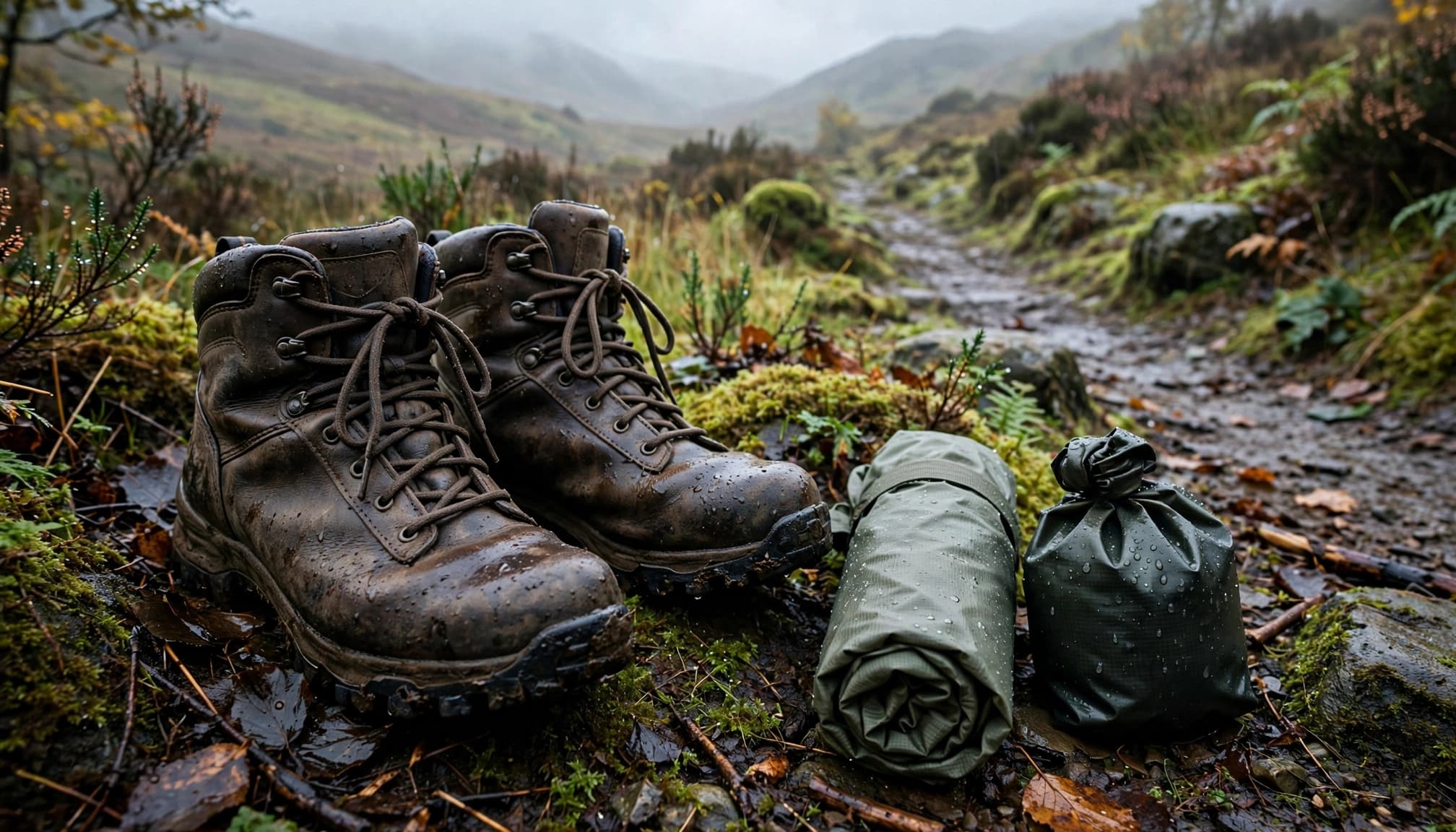 Two hiking boots and rain gear rest on a wet trail with hills beyond.