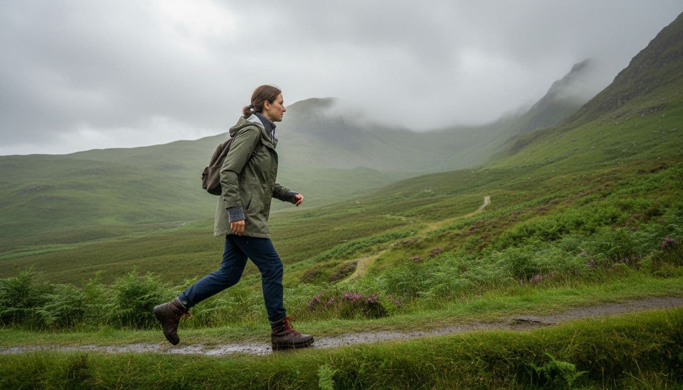 Woman in rain jacket and boots walks green hillside trail amid mist and distant mountains.