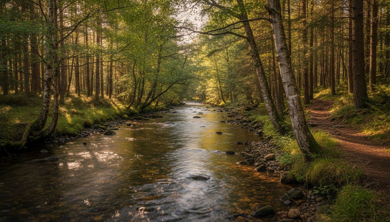 Serene River Dee meandering through dense woodland with crystal clear water flowing over smooth rocks and pebbles, golden sunlight filtering through overhanging birch and pine trees.