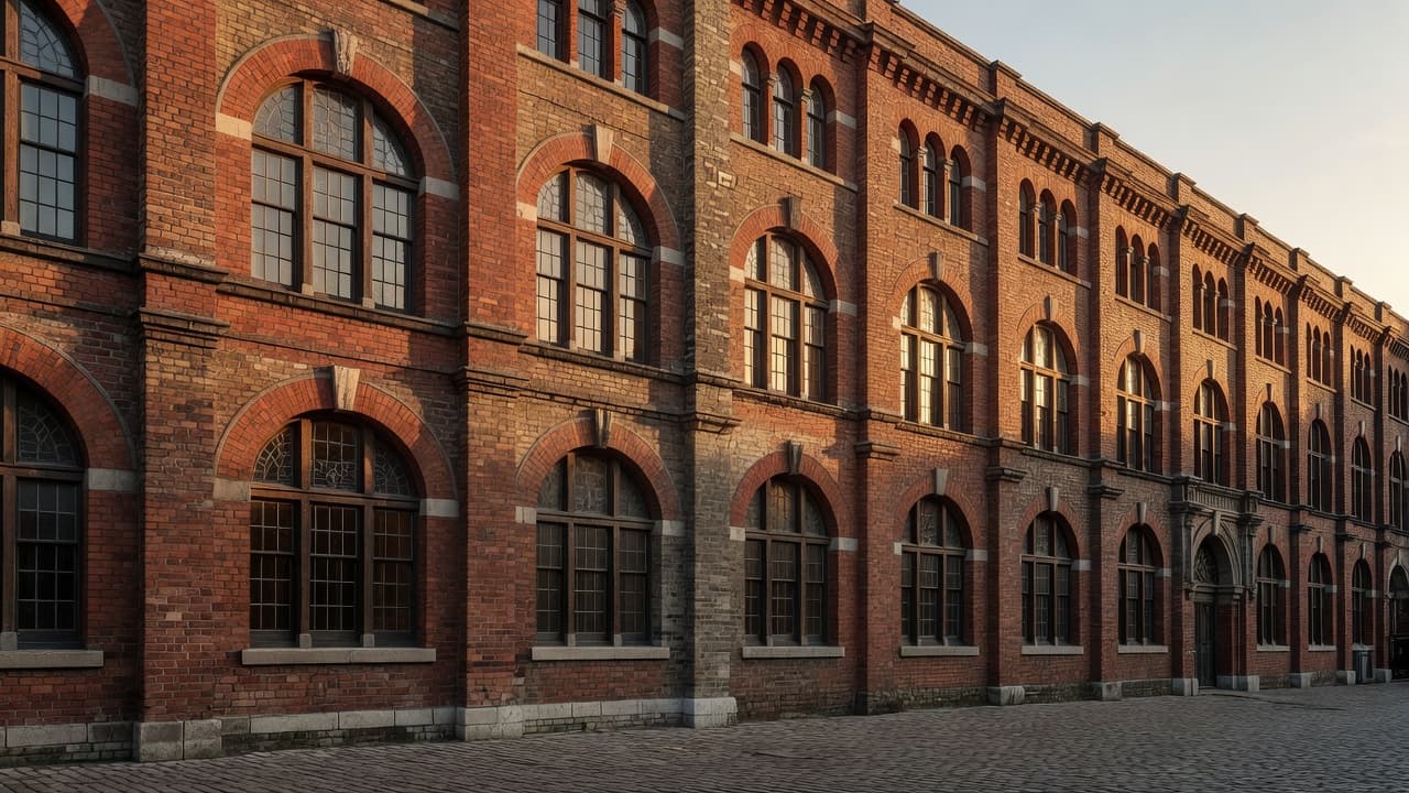 The intricate brick masonry and towering arched windows of the old Smithfield Market glow under a golden sunset. Long shadows define the Victorian facade as the building undergoes a cultural transformation.