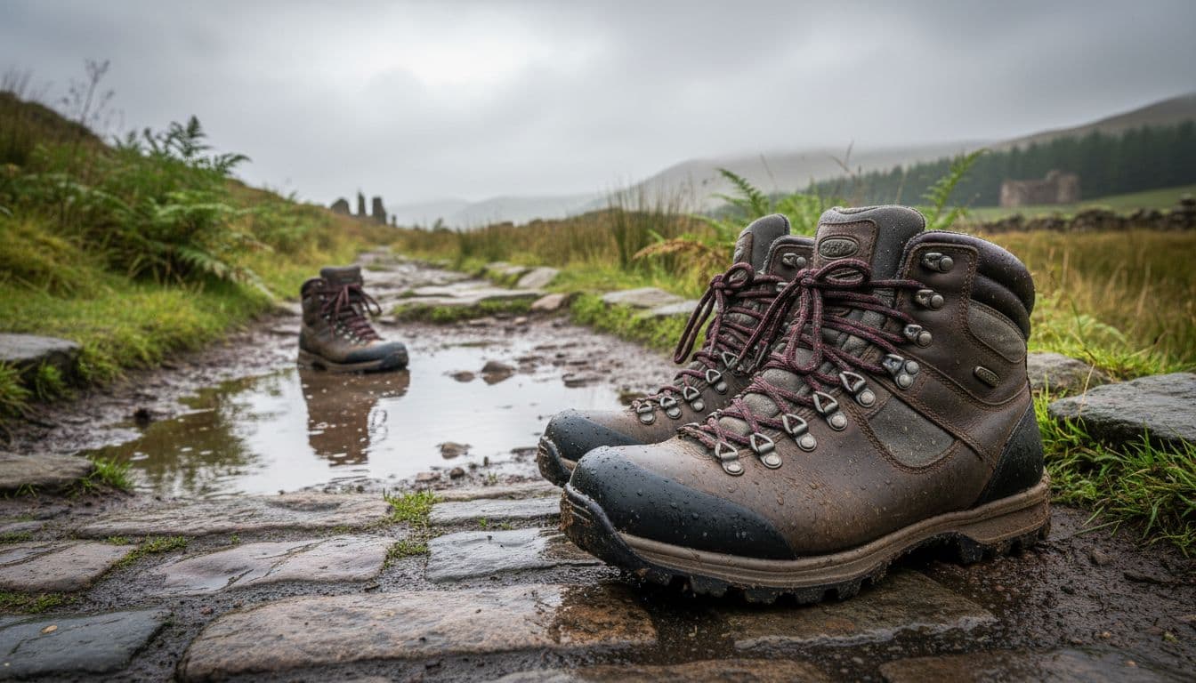 Pair of women's waterproof hiking boots on wet cobblestone street merging into muddy Highland path with puddles and moss.