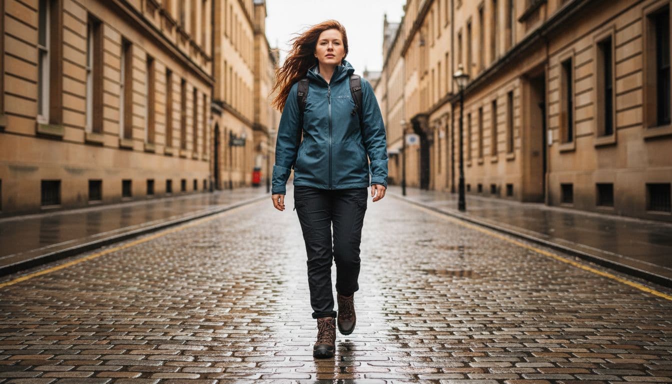 A lone woman strides naturally on wet cobblestone pavement in Glasgow Scotland during spring, dressed in stretch jeans or hiking pants and waterproof ankle boots with grip, with puddles reflecting under overcast daylight and wind blowing her hair.