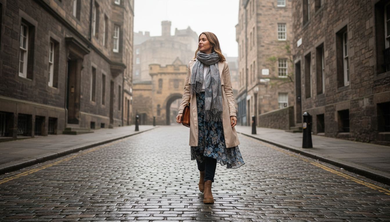 A confident mid-30s woman strides uphill on uneven wet cobblestone streets in Edinburgh's Old Town toward a historic castle gate, showcasing supportive water-resistant ankle boots with grip soles, dark straight-leg jeans, lightweight trench coat, and scarf under soft overcast spring light.