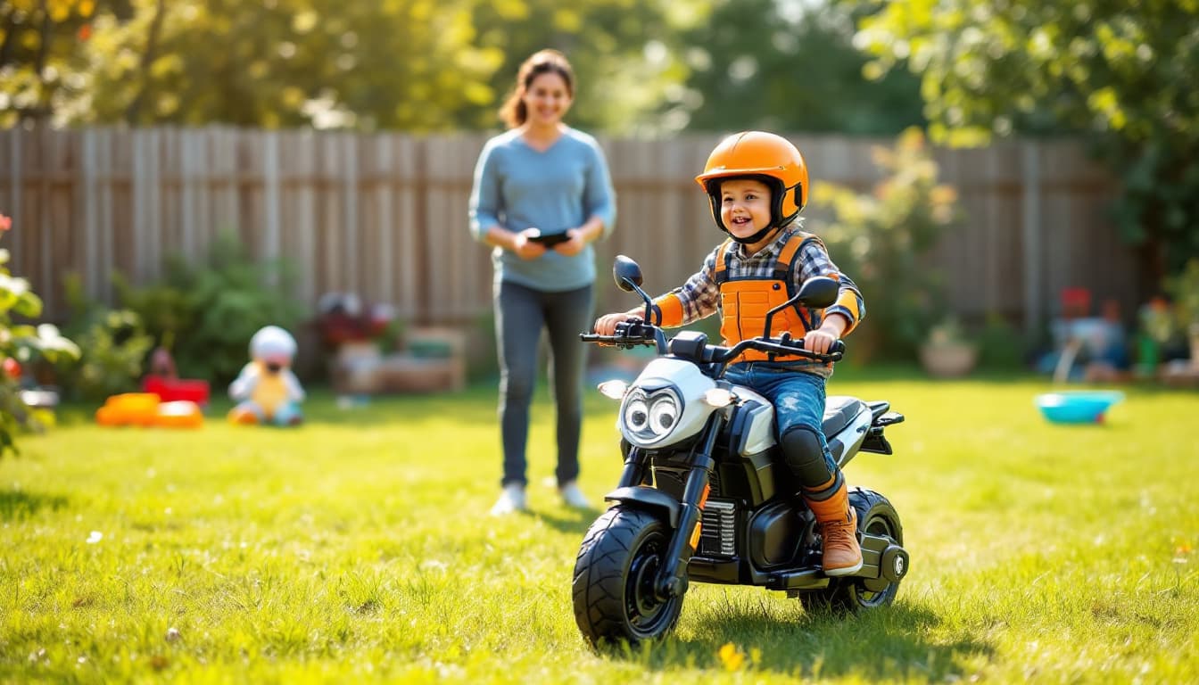 Kids Electric Motorcycle Guide: Top 2025 Picks for Safe Fun 3 A 5-year-old boy in a bright helmet and knee pads rides a sturdy kids electric motorcycle slowly through a grassy backyard on a sunny day. His parent stands nearby holding a remote control device, watching attentively with a smile. The motorcycle features a stable frame, non-slip tires, and visible speed limiter. Emphasize safety elements like protective gear and calm speed. Background includes a fence and toys, in a realistic style with warm colors, no text.