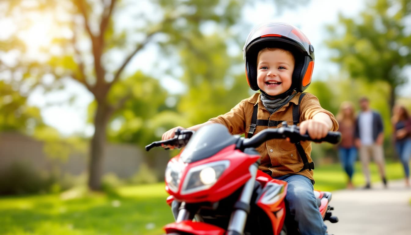 Kids Electric Motorcycle Guide: Top 2025 Picks for Safe Fun 1 A happy 5-year-old boy riding a red kids electric motorcycle in a sunny backyard, smiling confidently while steering, wearing a safety helmet and protective gear, green grass and trees in the background, his parents watching proudly from a distance.