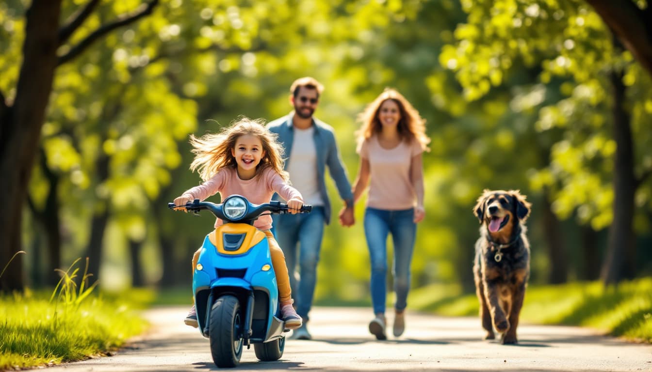 Kids Electric Motorcycle Guide: Top 2025 Picks for Safe Fun 2 A cheerful family of four in a lush park, with a 7-year-old girl riding a blue kids electric motorcycle ahead, parents walking behind holding hands and smiling, dog following, sunny afternoon with green trees and path.