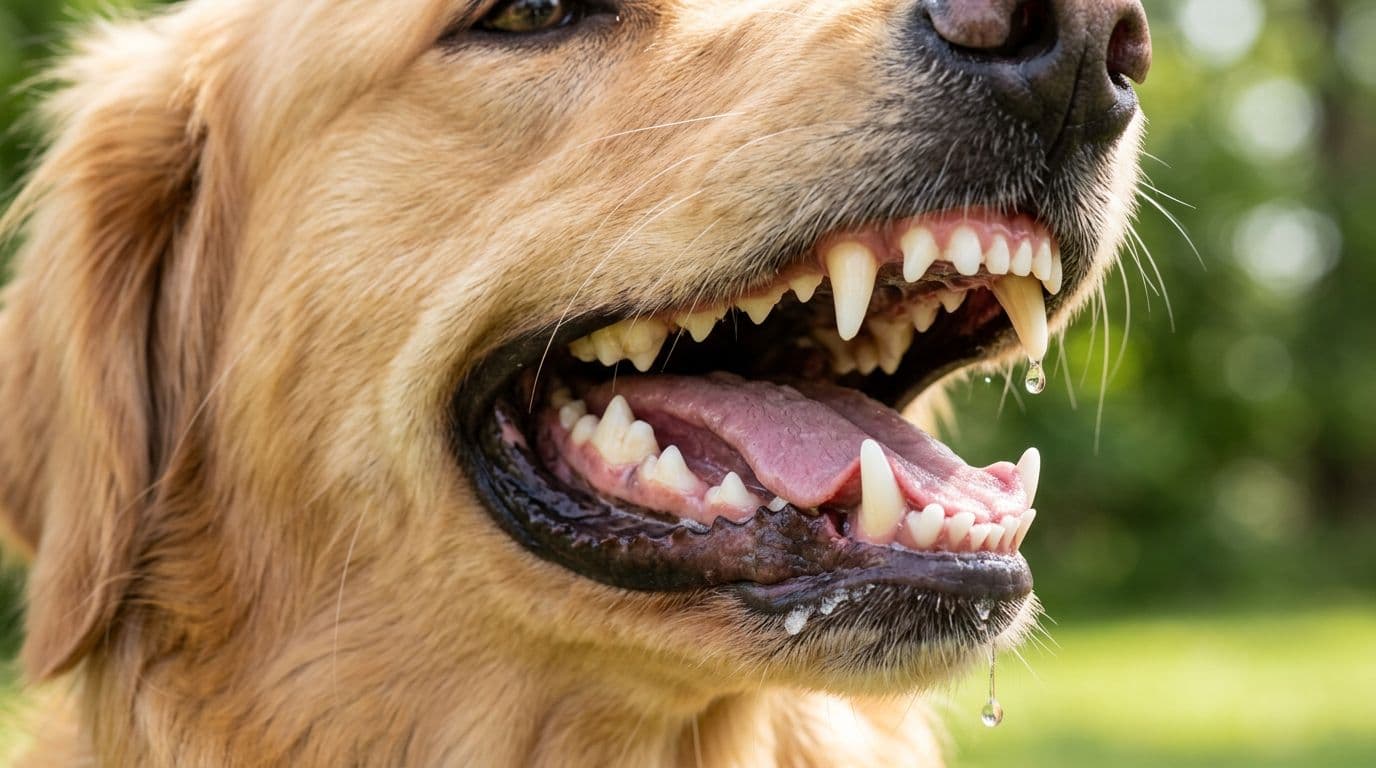 Close-up of a healthy dog's open mouth showing clean teeth and slight saliva drip in bright natural daylight, realistic veterinary photo style with sharp focus.