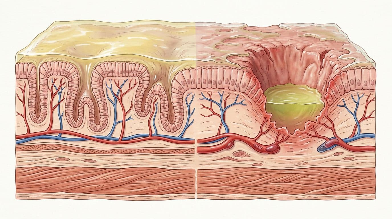 Medical illustration depicting a cross-section of the human stomach lining, with the left side showing a healthy thick protective mucus layer and blood vessels, and the right side displaying a damaged thin eroded lining exposed to stomach acid forming an ulcer sore.