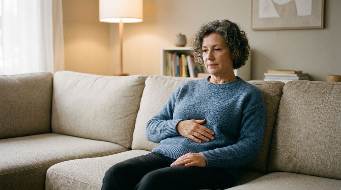 A middle-aged person sits relaxed on a living room couch, gently placing a hand on their upper abdomen to show mild stomach discomfort, captured in a realistic photo with warm indoor lighting and neutral background.