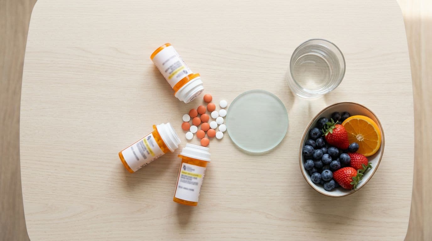 Top-down arrangement of common painkiller pills like ibuprofen and aspirin on a table beside a protective shield symbolizing stomach protection, with fresh fruits and a water glass promoting safer habits, in clean realistic style under bright natural light.