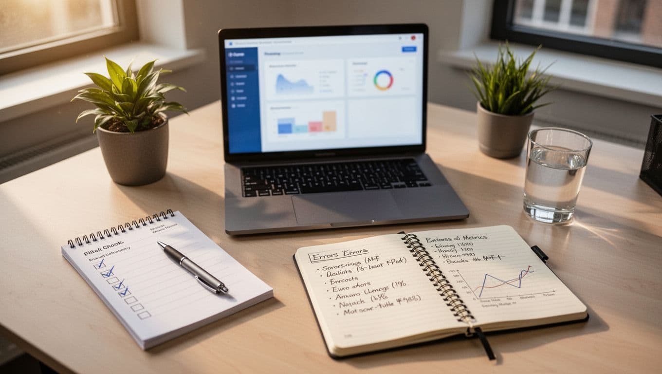 Photorealistic top-down view of a clean office desk setup for AI tool pilot testing, featuring a checklist notepad with pen, open laptop with blurred dashboard, notebook with handwritten notes on errors and metrics, desk plant, water glass, and morning sunlight.