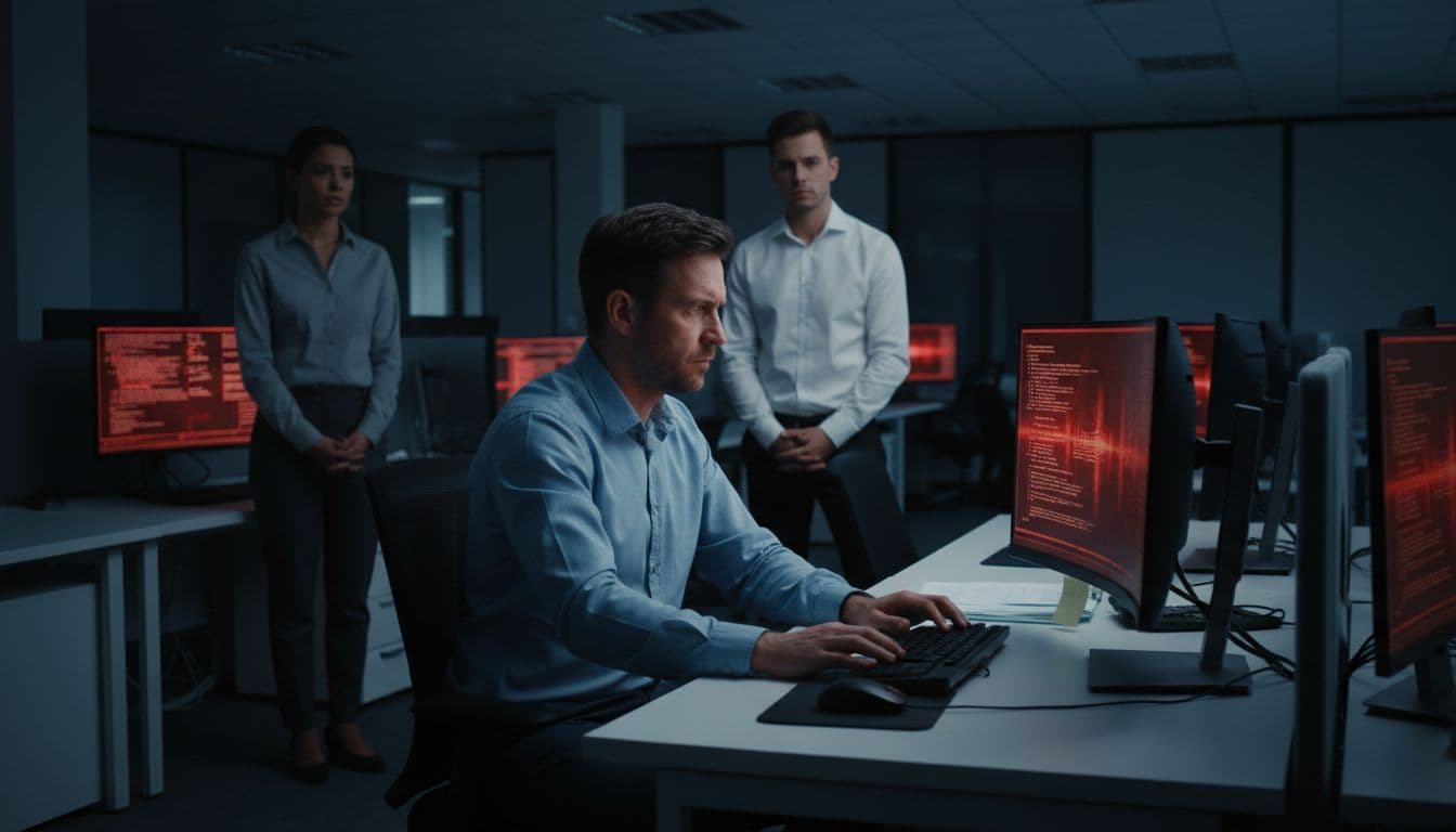 Multiple computer screens in a modern UK office flash red alerts and code errors during a cyber attack, with a stressed IT worker closely checking a monitor and concerned colleagues in the background under dim emergency lighting.