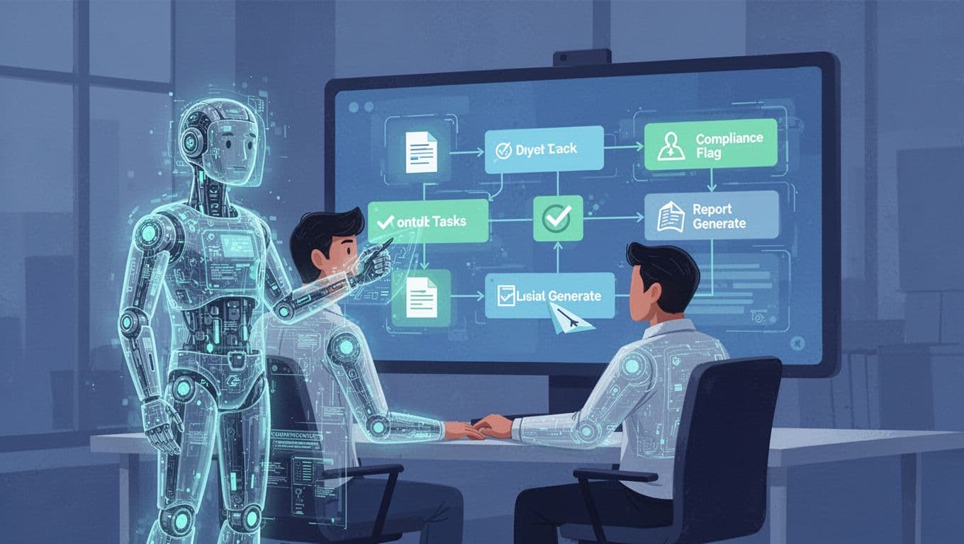 Digital illustration of a semi-transparent holographic AI agent standing beside a seated office worker reviewing a flowchart of legal tasks on a large monitor, in blue and green modern flat design.