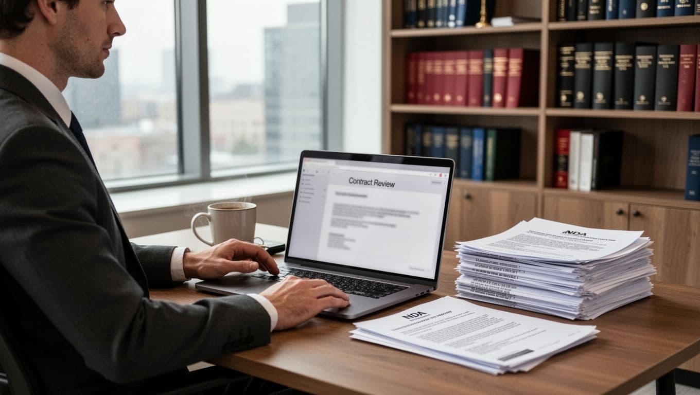 A single lawyer with relaxed posture sits at a modern office desk with a laptop displaying a blurred contract review interface, stacks of printed contracts and NDA documents nearby, a coffee mug, and bookshelves with legal books in soft natural light.