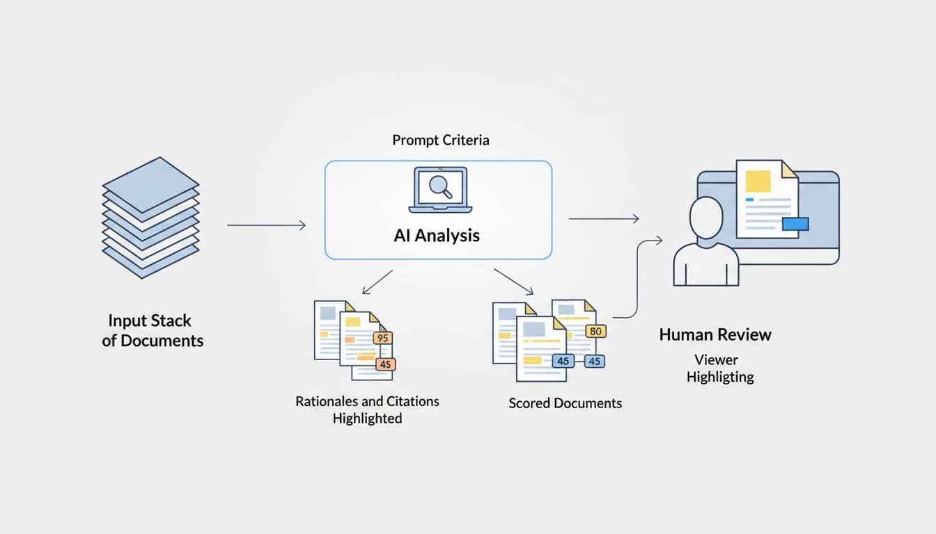 Clean professional flowchart illustration of Relativity aiR in document review: documents and prompts enter AI analysis, outputting scored items with rationales and citations, routing to human review with highlights.