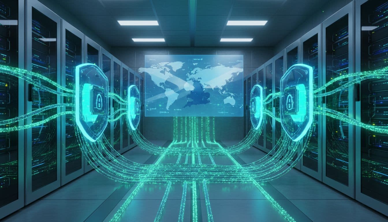 Secure cloud data centre servers in a high-tech room with digital locks and shields protecting data flows from a UK flag silhouette on a map, connected via encrypted pipelines to AI processing nodes in modern realistic style with cool blue and green lighting.