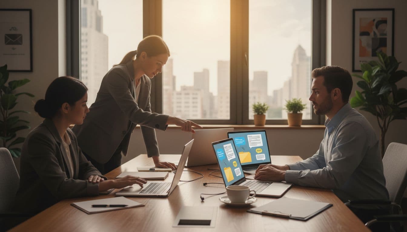 Small legal team reviewing digital evidence on laptops in a bright office