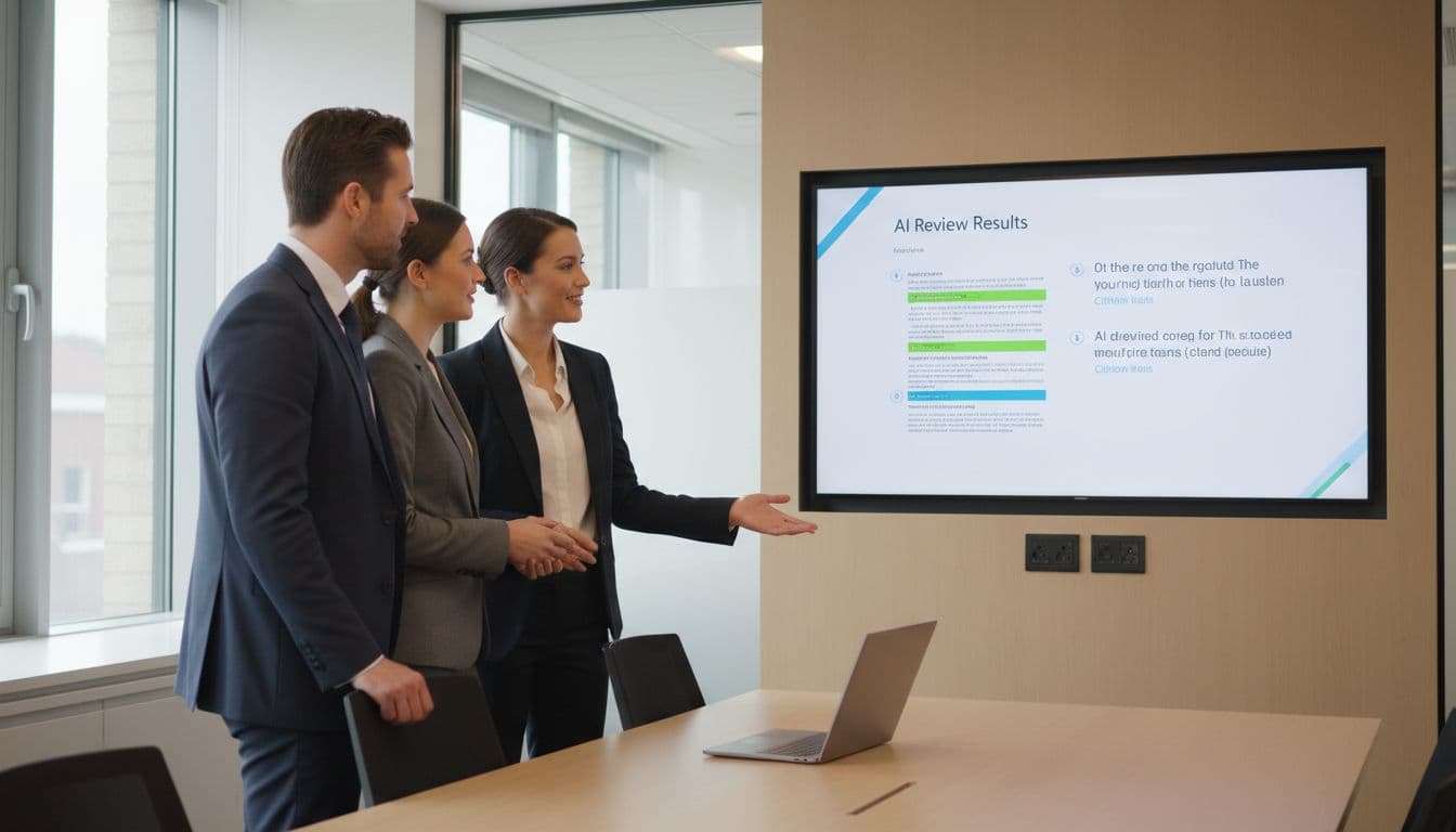 Legal professionals in a modern UK law firm office gathered around a shared screen showing AI review results with highlighted citations and rationales, expressing satisfaction and discussion in soft natural daylight.