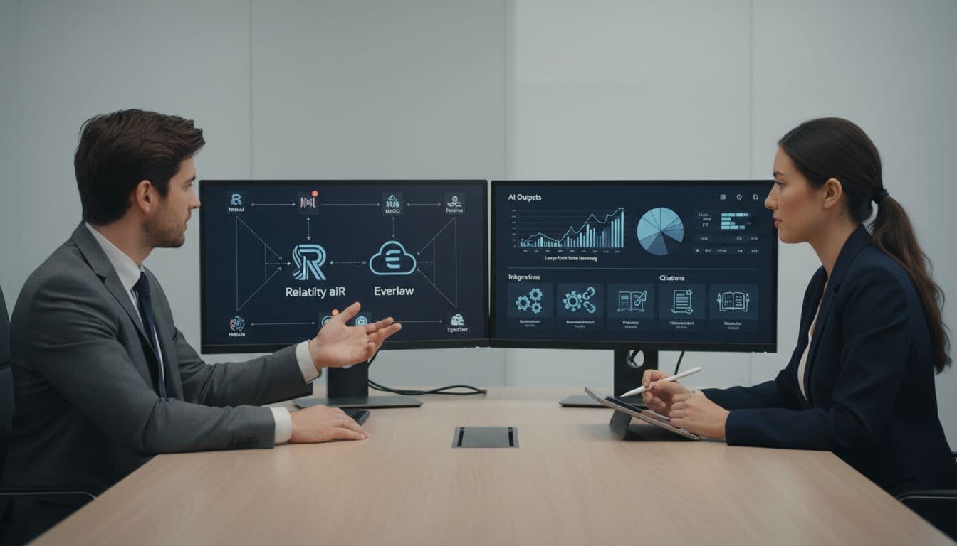 UK lawyers in a professional conference room compare eDiscovery tools on dual monitors displaying workflow charts and AI outputs, emphasizing large-scale data handling with integration icons.