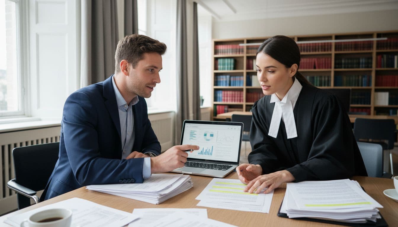 In a modern UK legal chambers office, a solicitor and barrister collaboratively review AI-generated document analysis on a laptop screen and printed pages with highlighted citations, under natural daylight, emphasizing human validation.