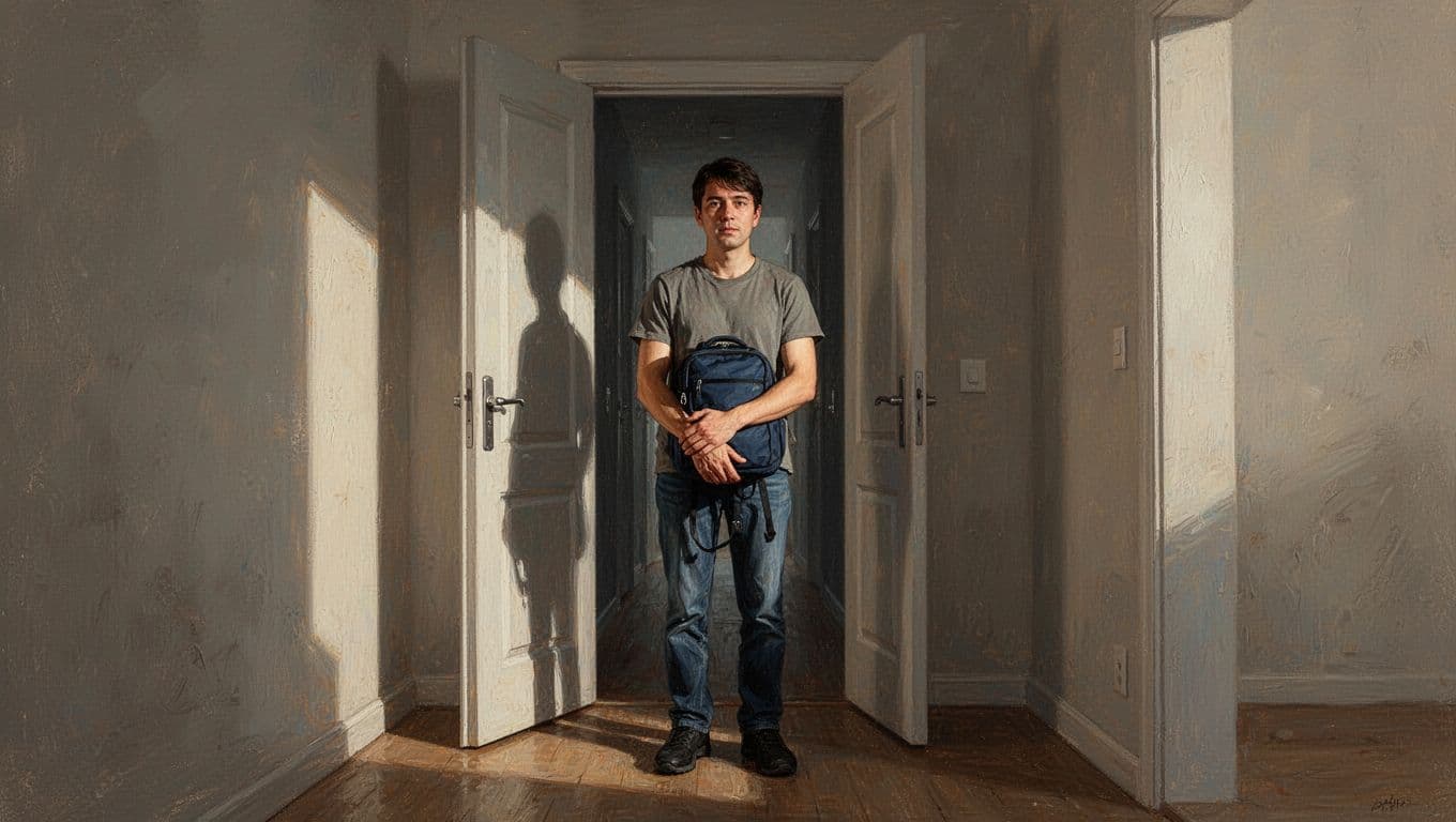 An adult holds a small bag beside an open doorway lit from outside.