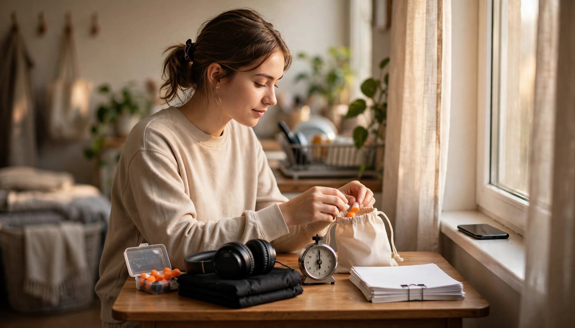 A student organizes study supplies at a small table near a bright window.