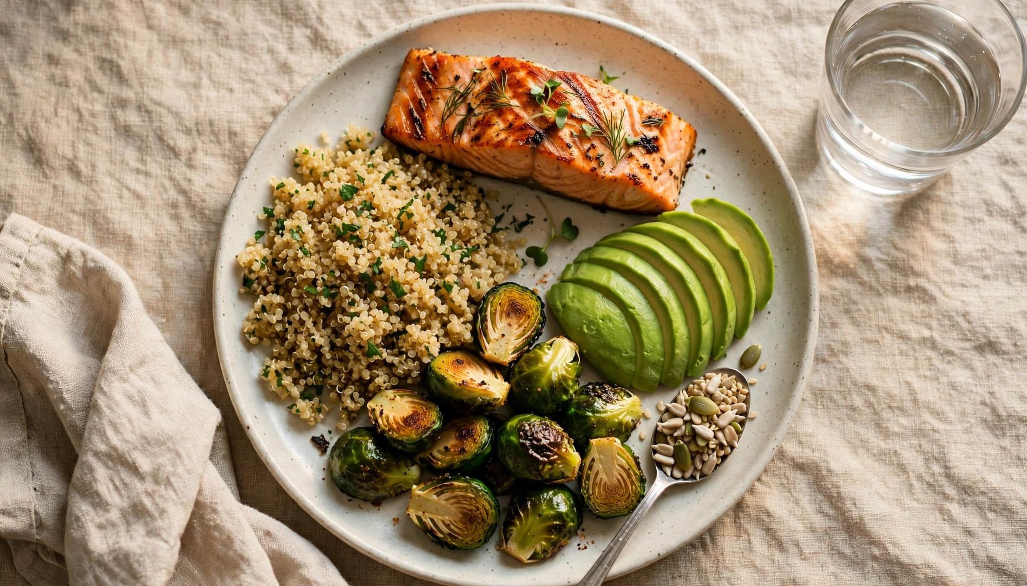 A plate with salmon, Brussels sprouts, quinoa, avocado, and seeds on a kitchen table.