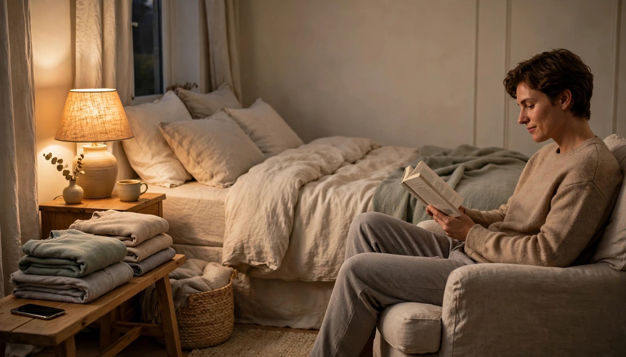 An adult reads in a warm bedroom with a phone placed face down nearby.