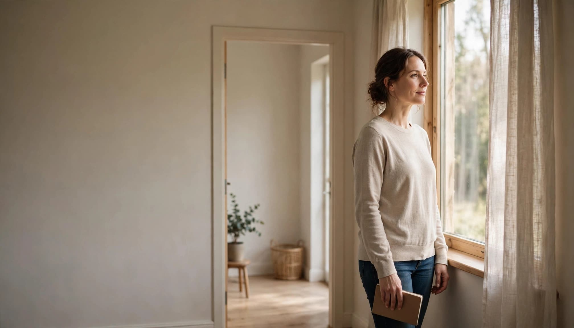 An adult stands by a bedroom window holding a notebook near a small plant.