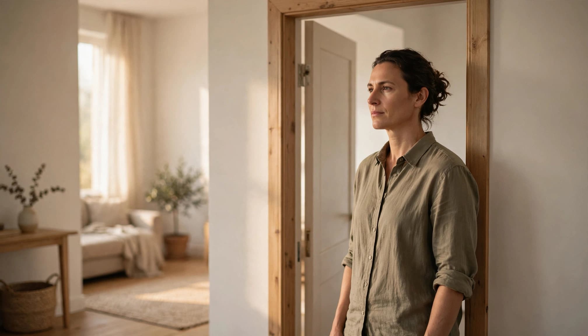 An adult stands quietly by a doorway in a warmly lit home.