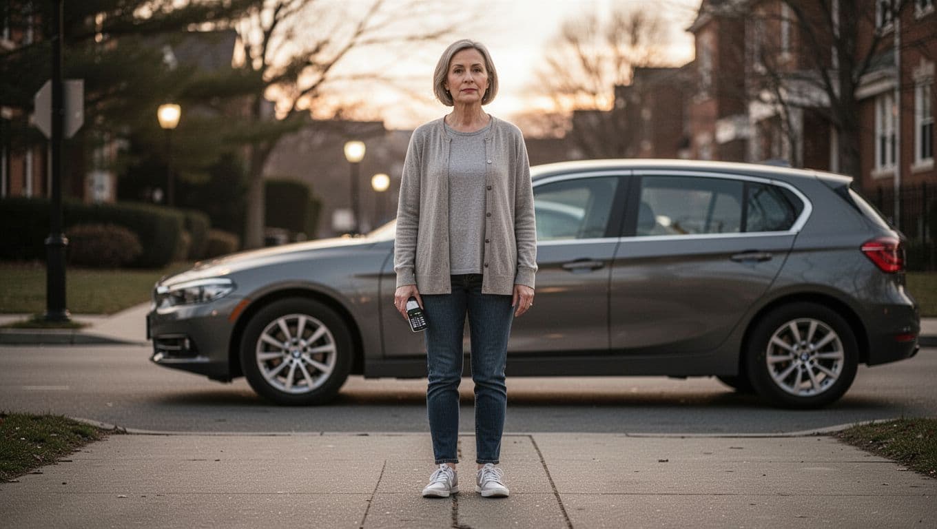 A calm parent stands alone beside a parked car during an evening child exchange.