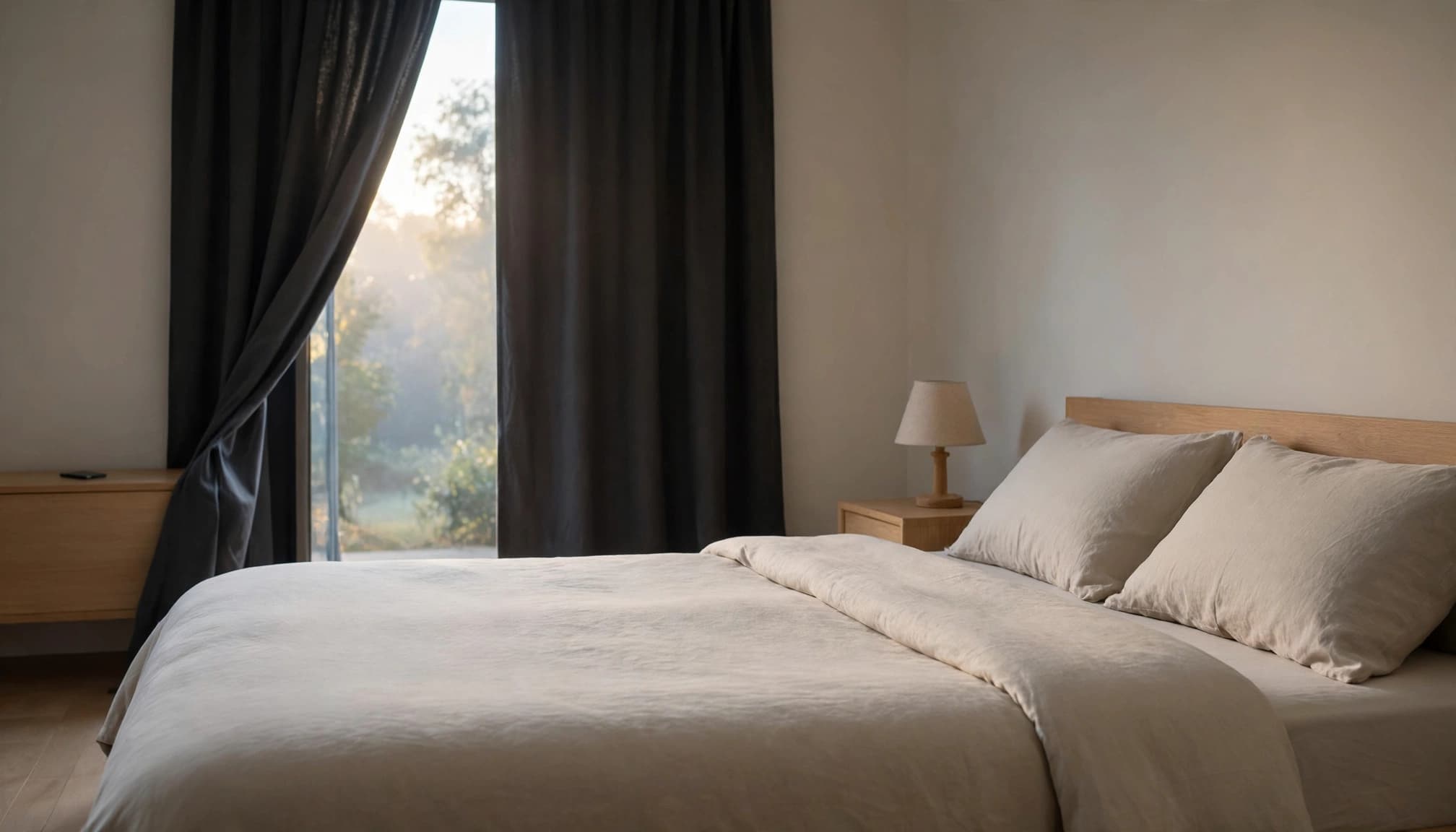 A neat bedroom with a made bed, soft dawn light, and a phone face down on the nightstand.