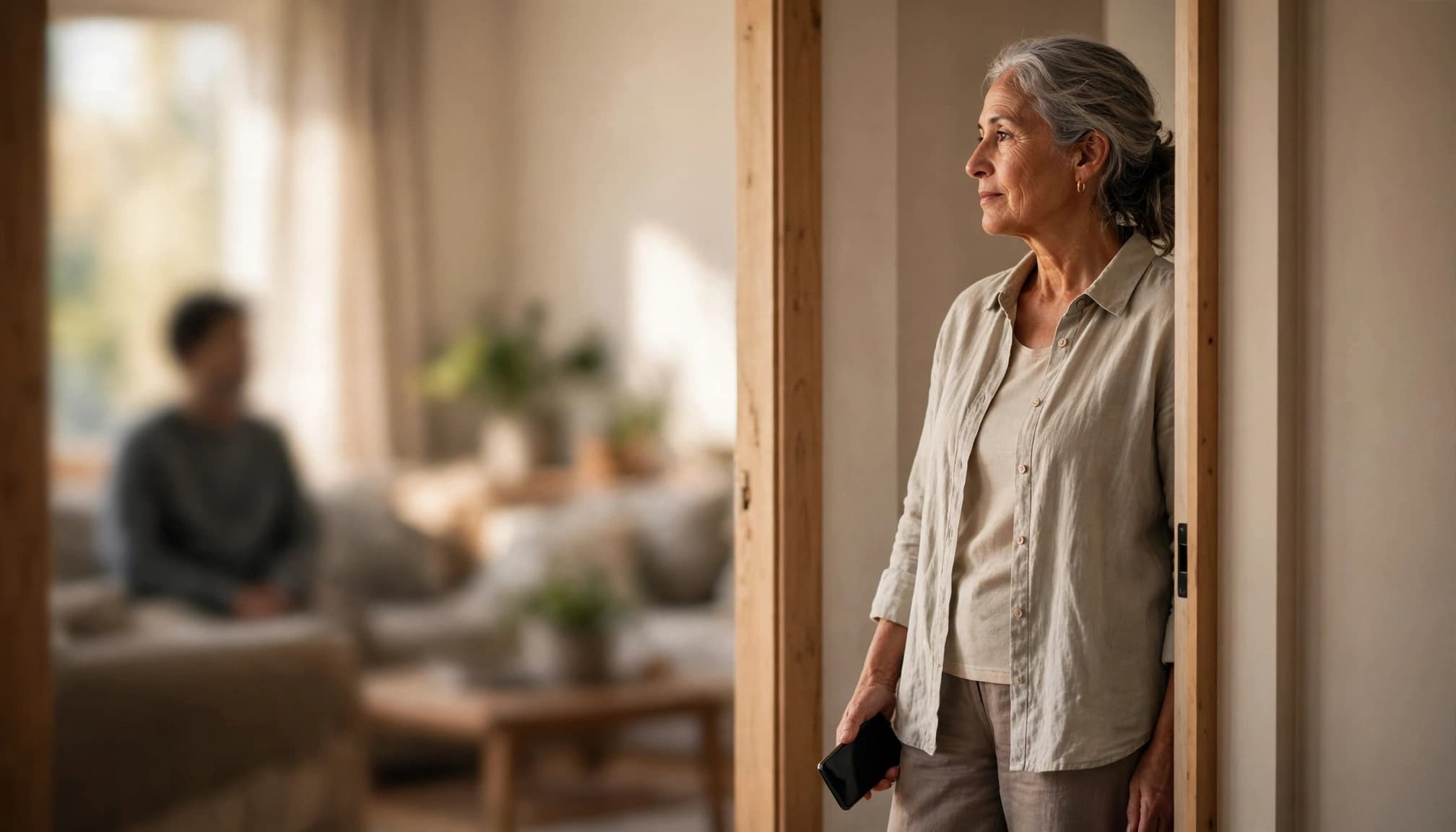 An older parent stands by a doorway while an adult child remains blurred in the background.