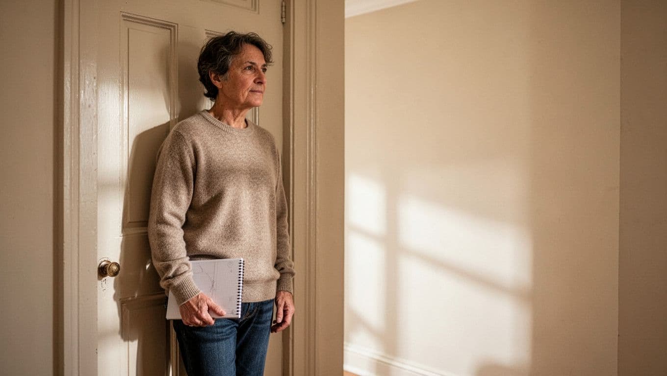 An adult stands beside a closed door with a notebook in a quiet hallway.