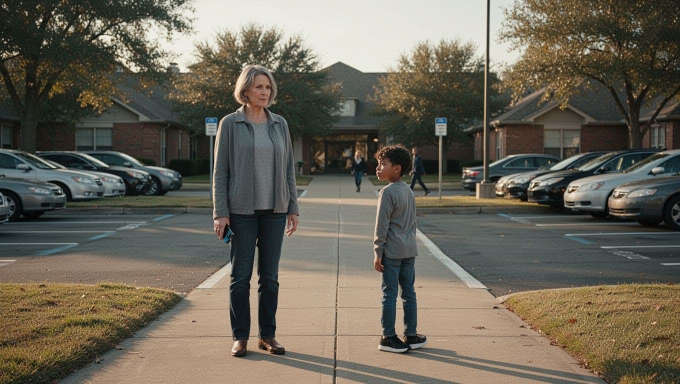 A parent stands with a phone beside two separated paths near a courthouse.