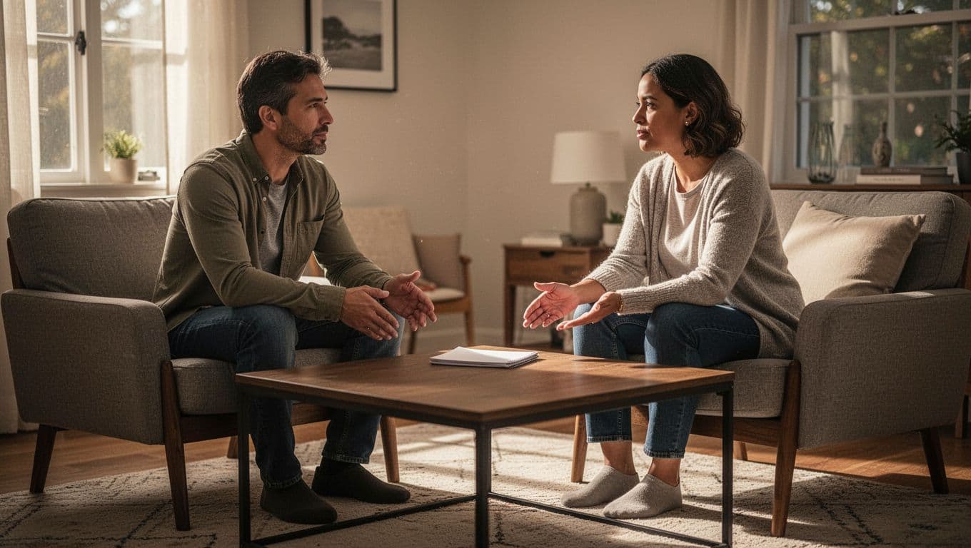 Two adults sit facing each other with a notebook on a coffee table in warm afternoon light.