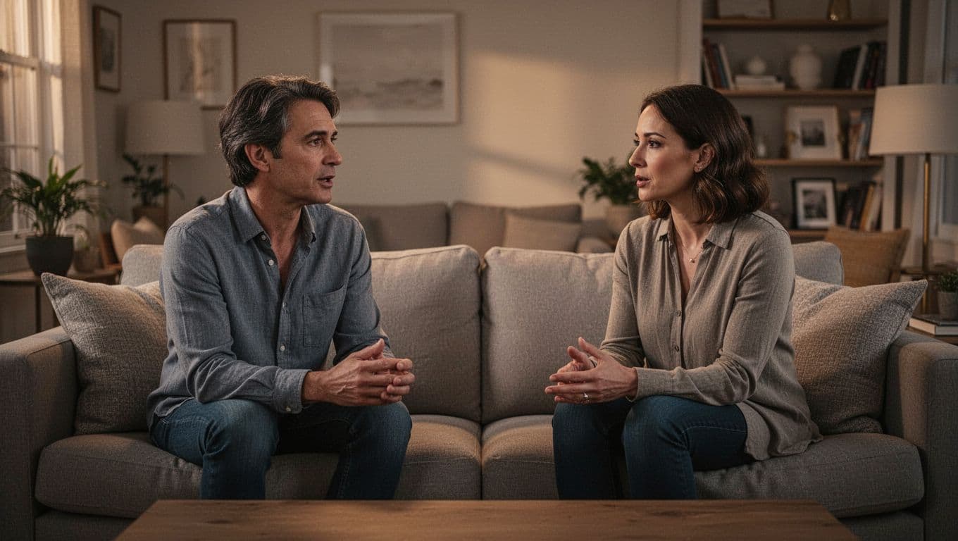 Two adults sit apart on a sofa, sharing a careful conversation in warm evening light.