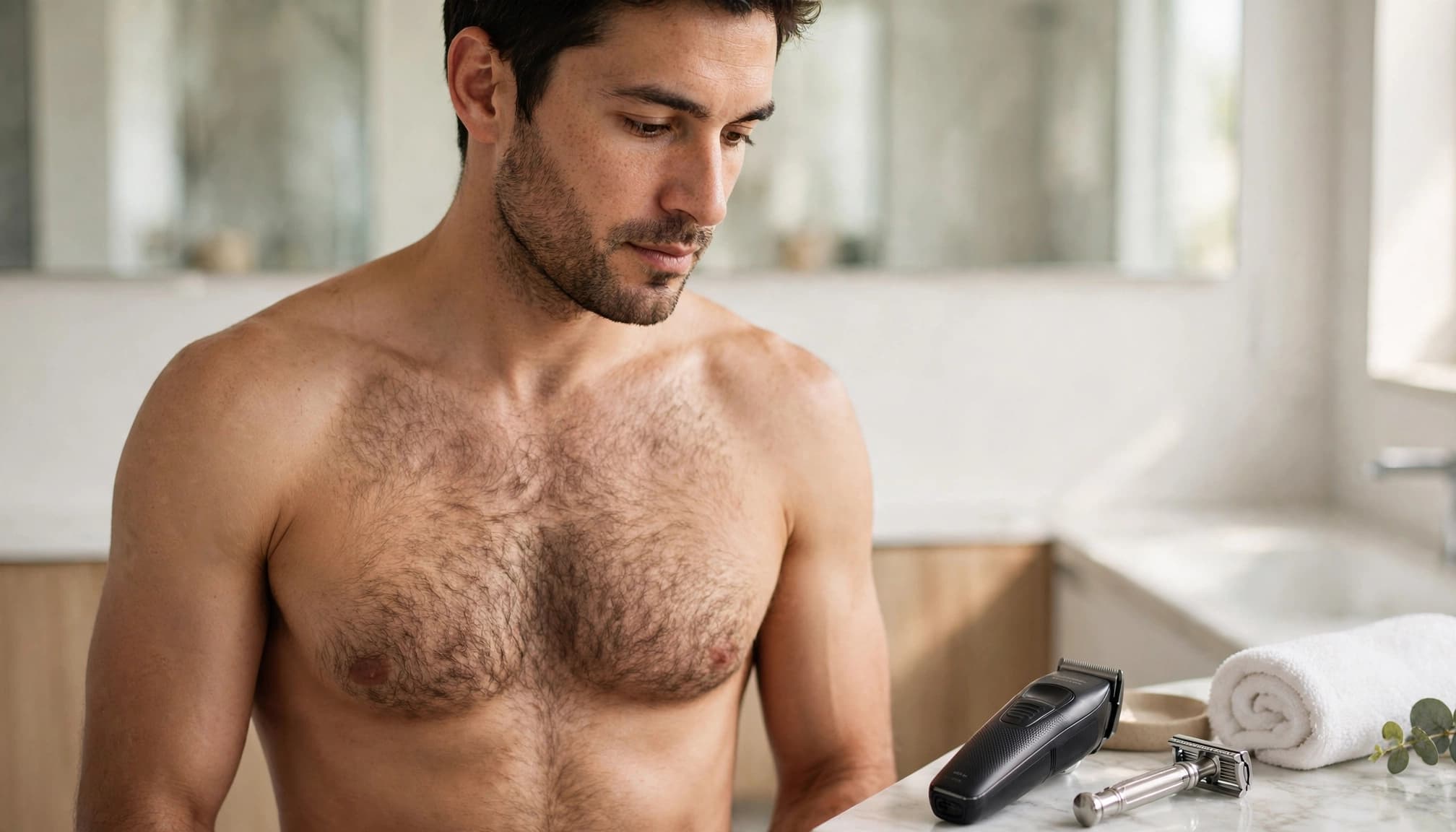 Man with chest hair standing beside grooming tools in a bright bathroom.