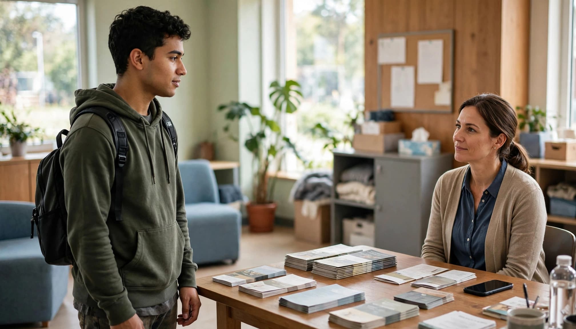 A young adult with a backpack speaks with a social worker in a bright resource center.