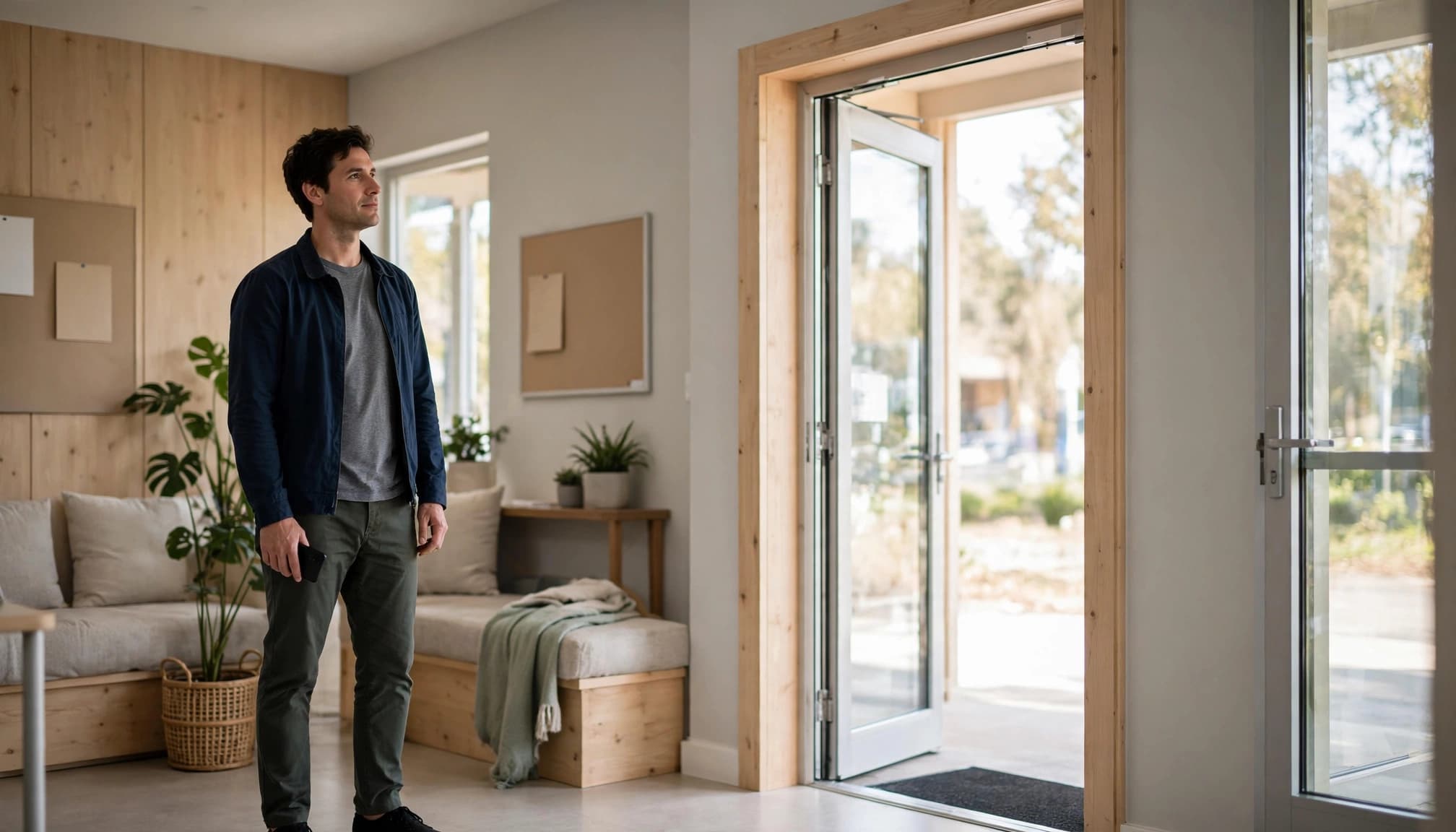 An adult with a phone stands near a sunny support center doorway.