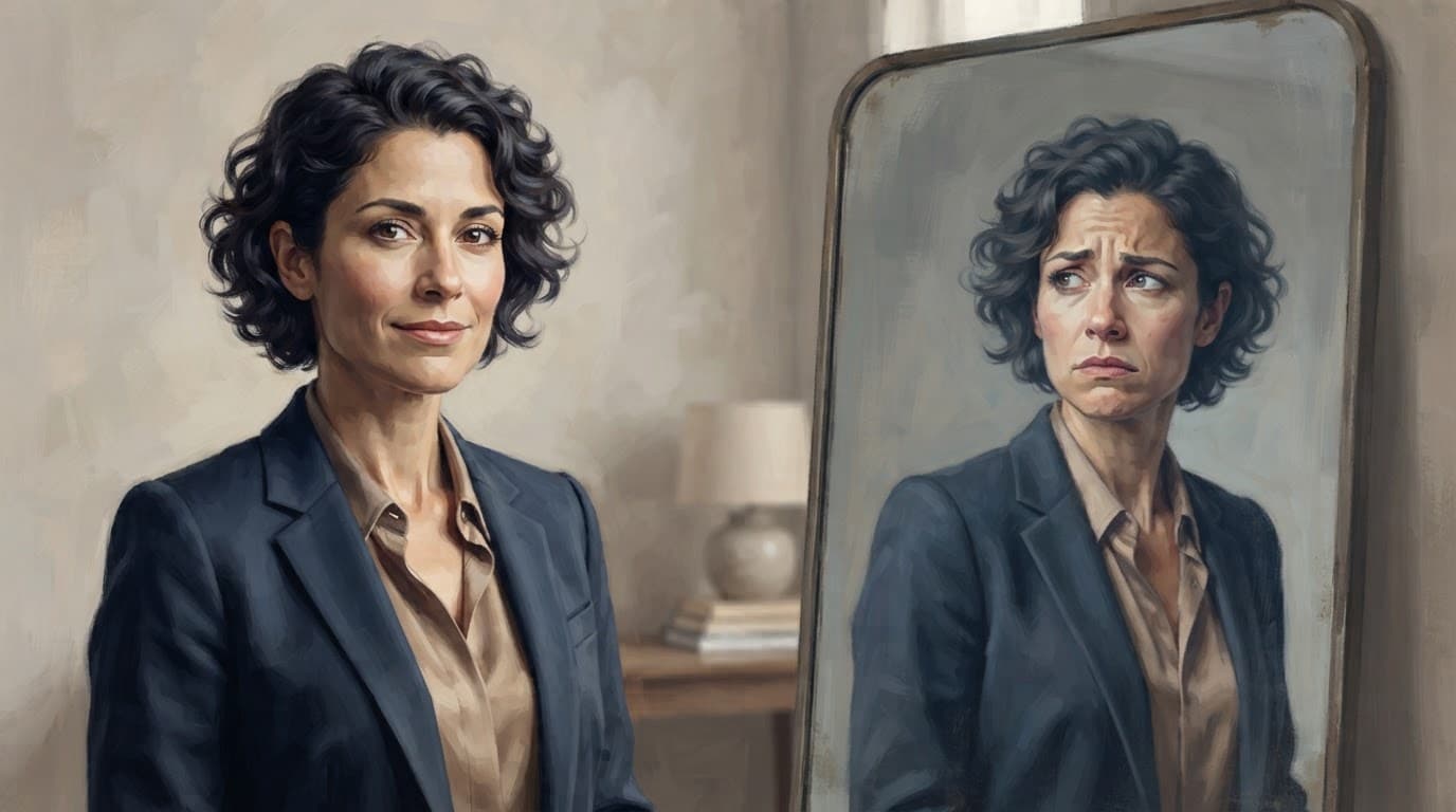 A polished person faces a mirror while their reflection looks tense and unsure.