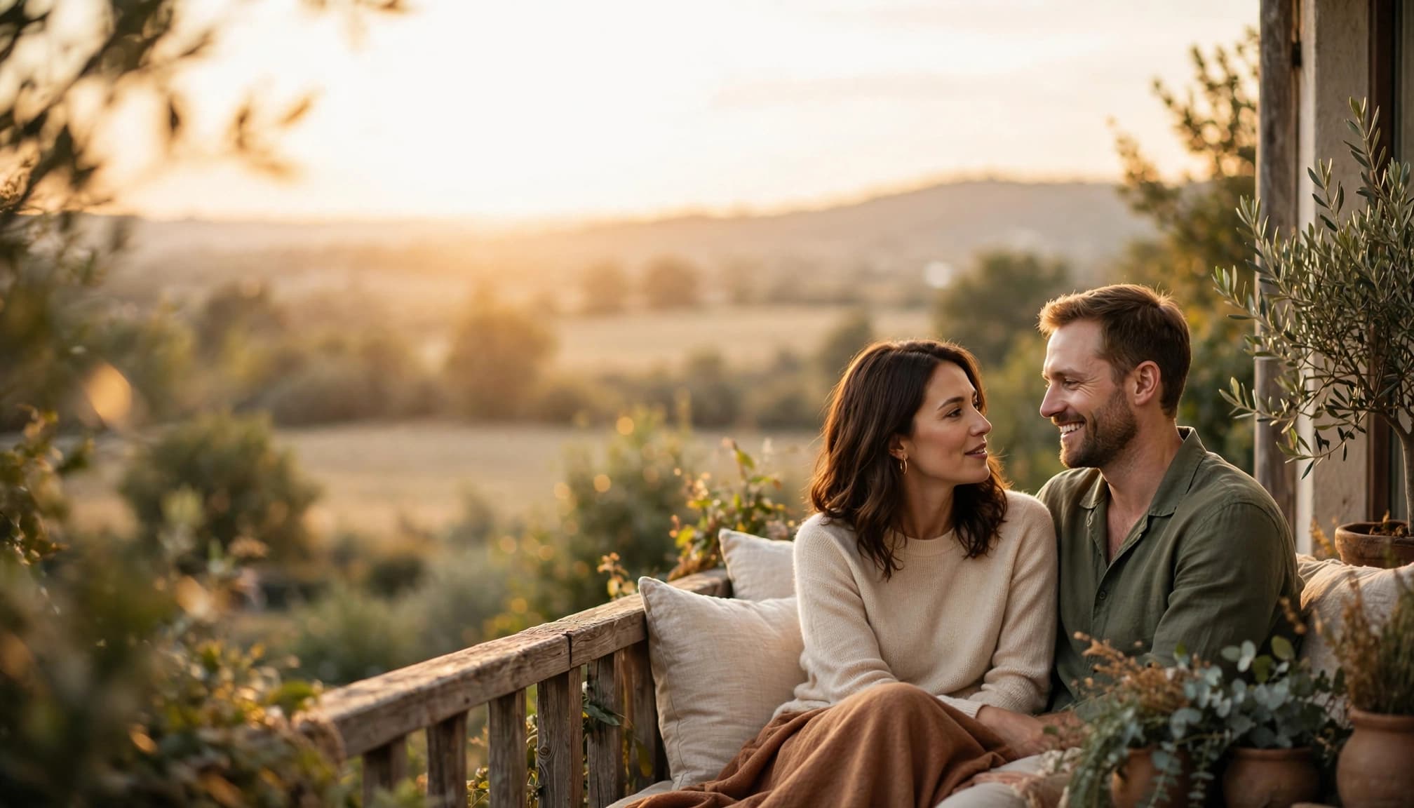 A couple sits together on a balcony, sharing a warm moment at sunset.