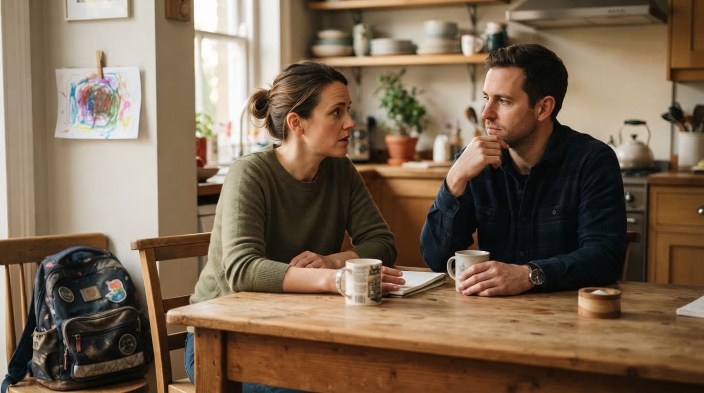 A parent and partner talk at a kitchen table with a child's drawing and backpack nearby.