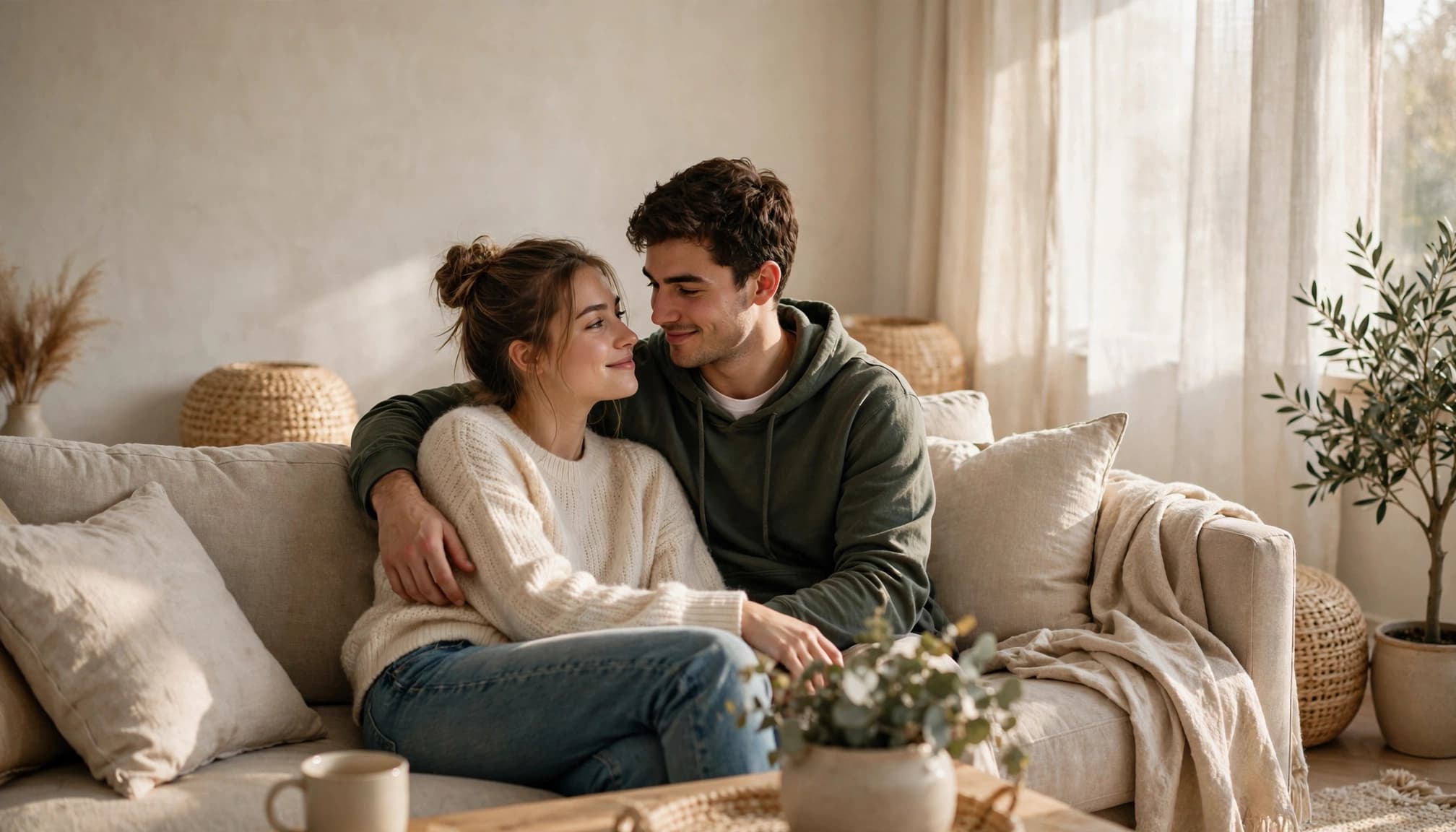 A couple sitting closely together on a sofa in soft morning light.