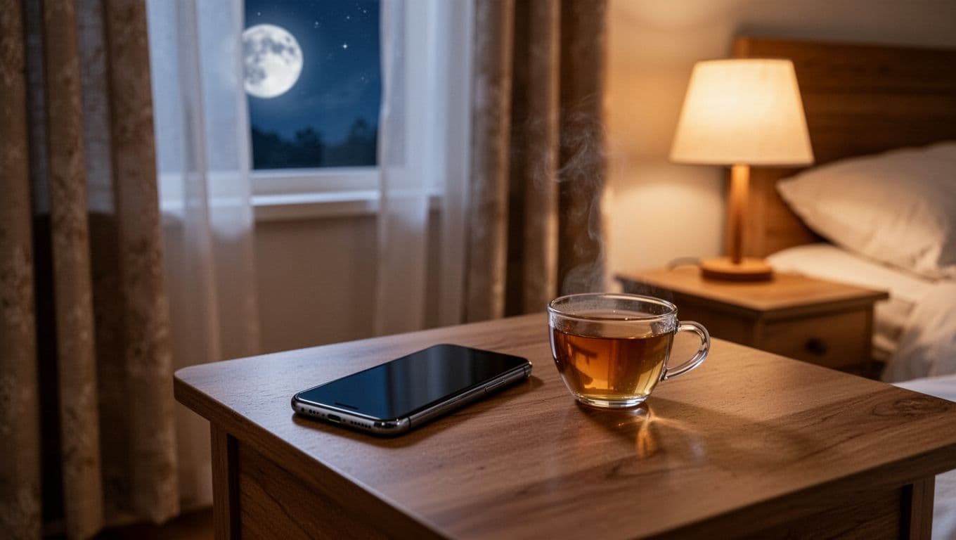A smartphone and cup of tea sit on a bedside table under warm light.