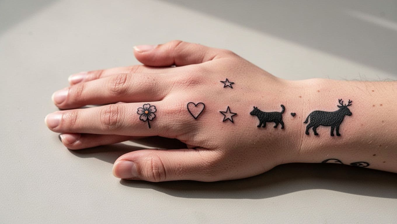 A relaxed hand showing tiny heart, flower, star, and animal tattoos.