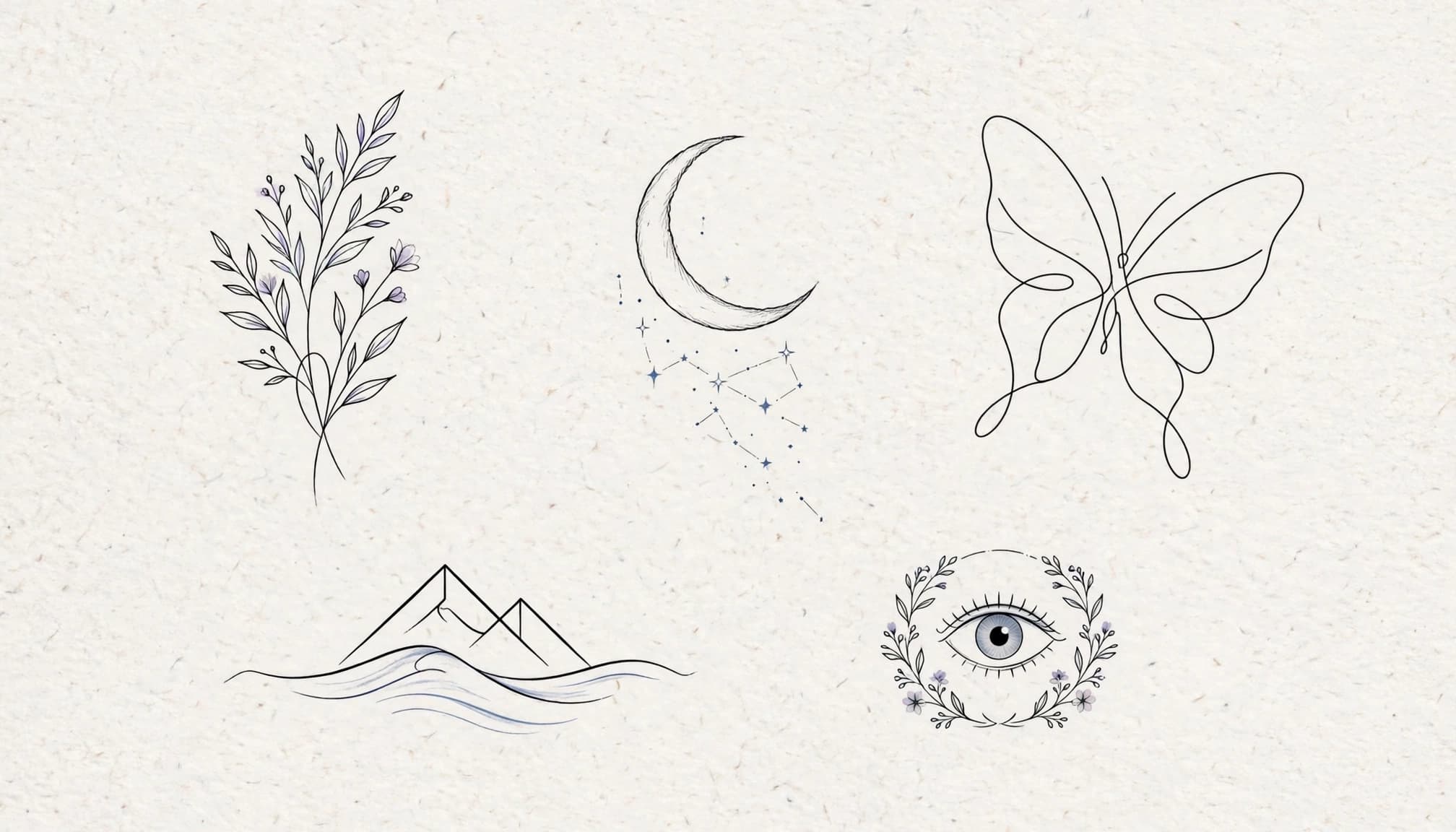 Five delicate fine-line tattoo sketches arranged on a clean reference sheet.