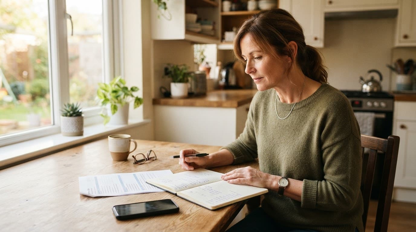 A parent reviews documents at a kitchen table beside a face-down phone.