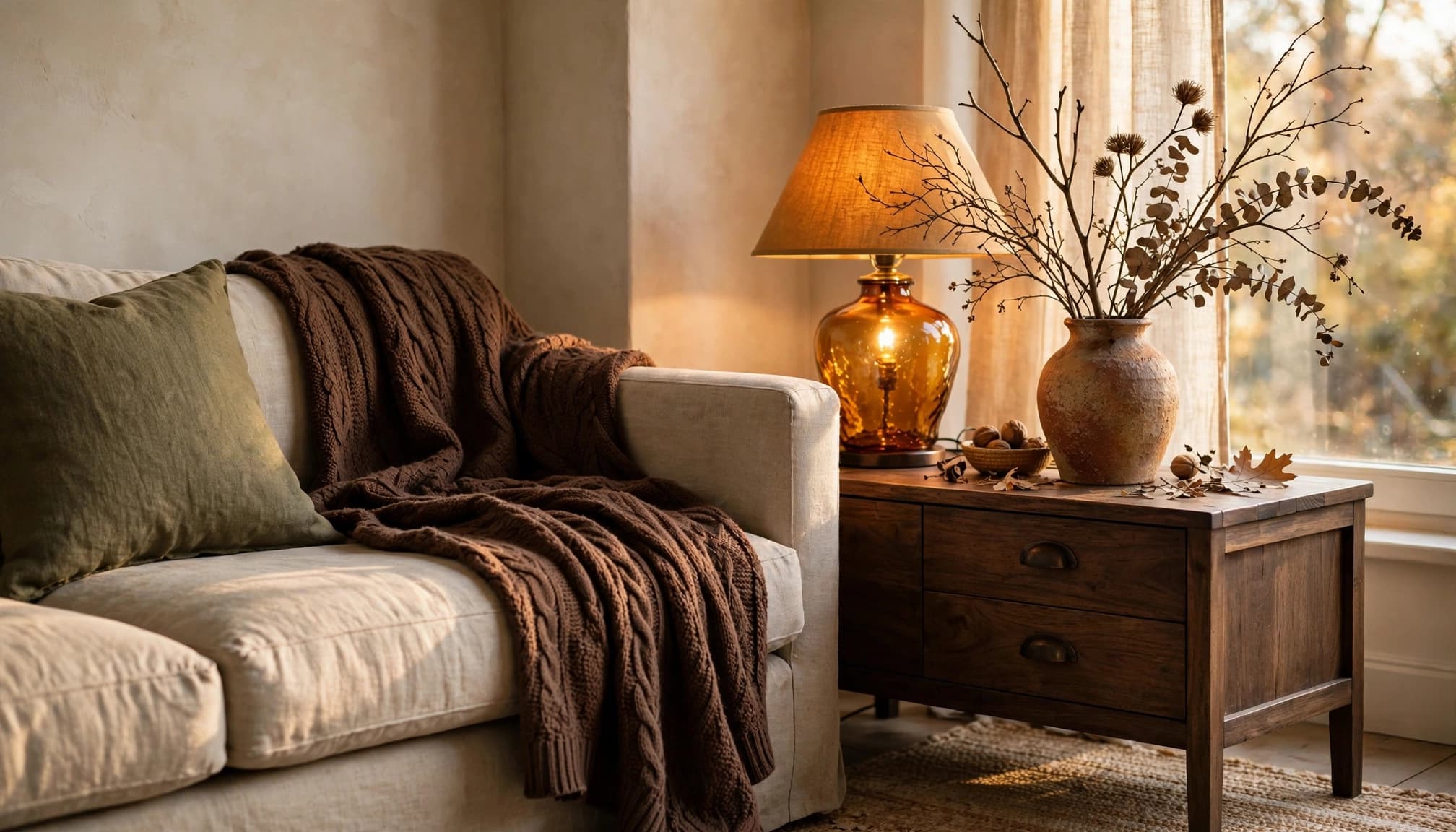 Fall living room corner with a neutral sofa, amber lamp, and vase of dried branches.