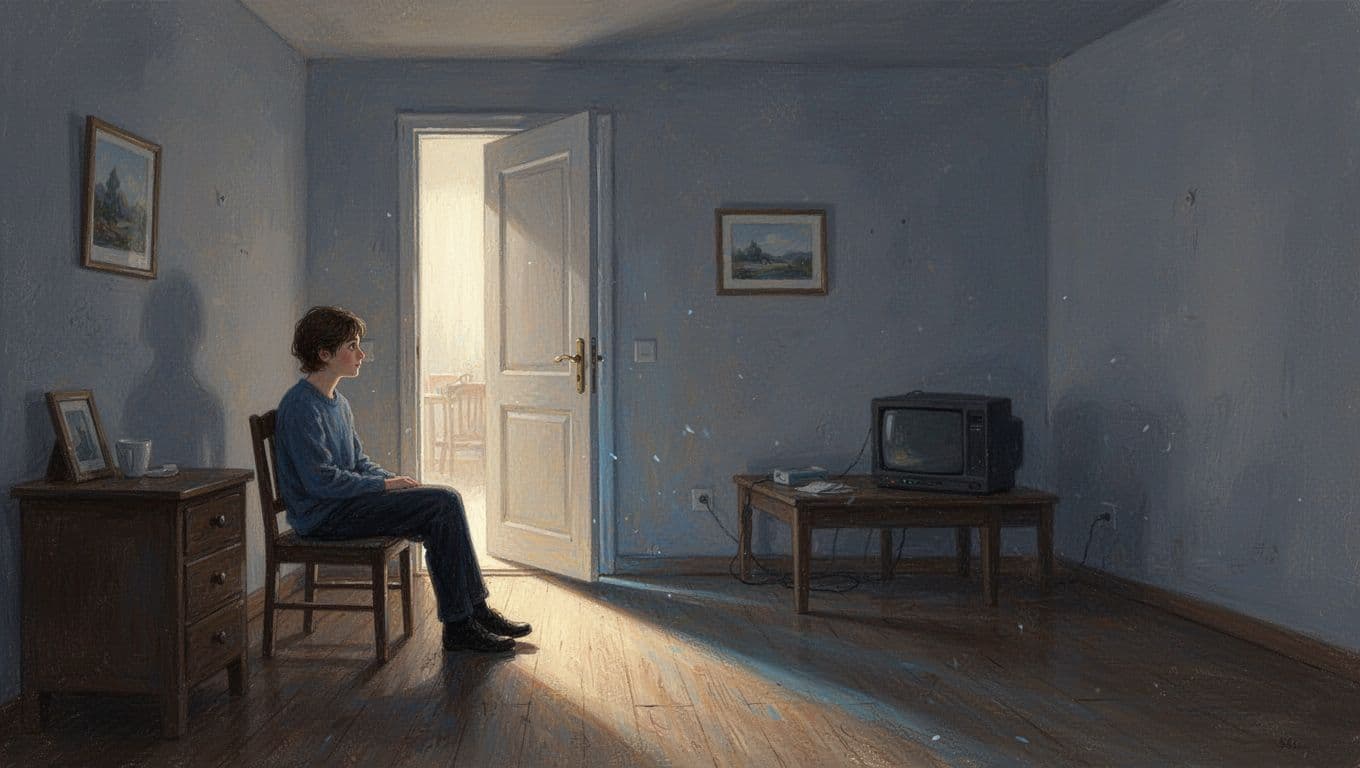 A person sits alone beside a doorway with alternating warm light and cool shadow.